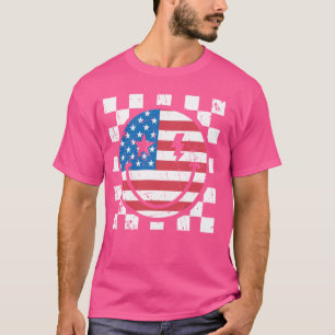 Camiseta Feliz 4 de Julio Cara Sonriente Groovy Rojo Blanco