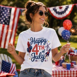 Camiseta Feliz 4 de Julio Cohete Patriótico y Estrellas