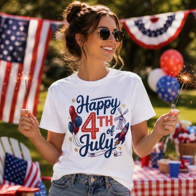 Camiseta Feliz 4 de Julio Cohete Patriótico y Estrellas (Subido por el creador)
