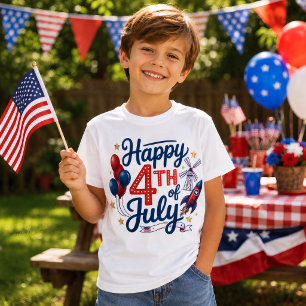 Camiseta Feliz 4 de Julio Cohete Patriótico y Estrellas