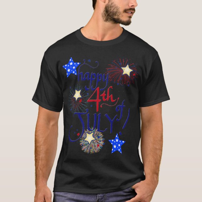 Camiseta ¡Feliz 4 de julio! con fuegos artificiales y estre (Anverso)