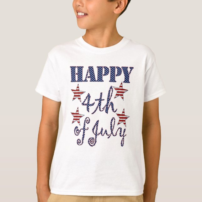 Camiseta Feliz 4 de julio Estrellas y tipografía de rayas (Anverso)