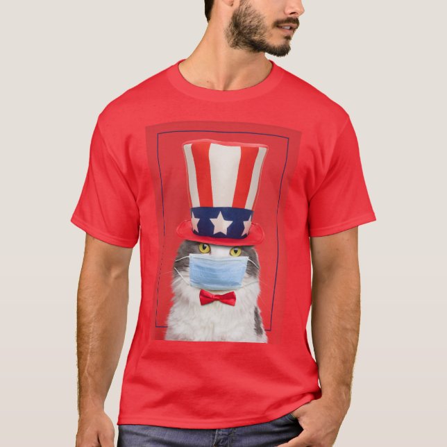 Camiseta Feliz 4 de julio, gato patriótico en máscara facia (Anverso)