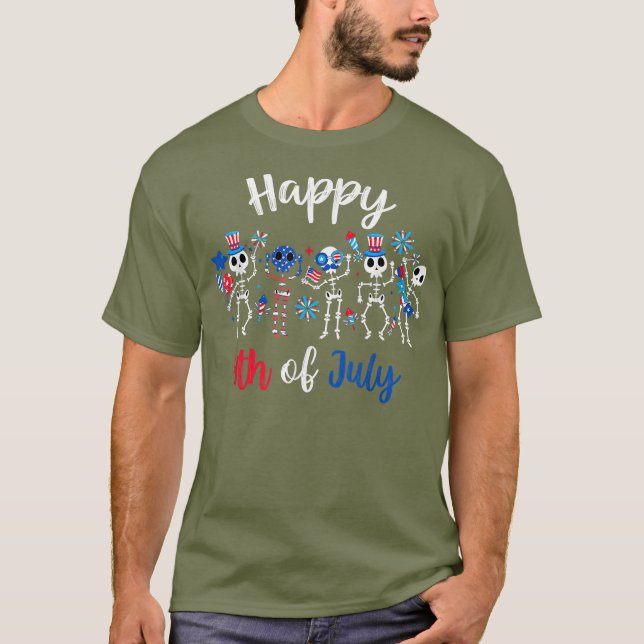 Camiseta Feliz 4 De Julio Gracioso Skeleton América Patriót (Anverso)