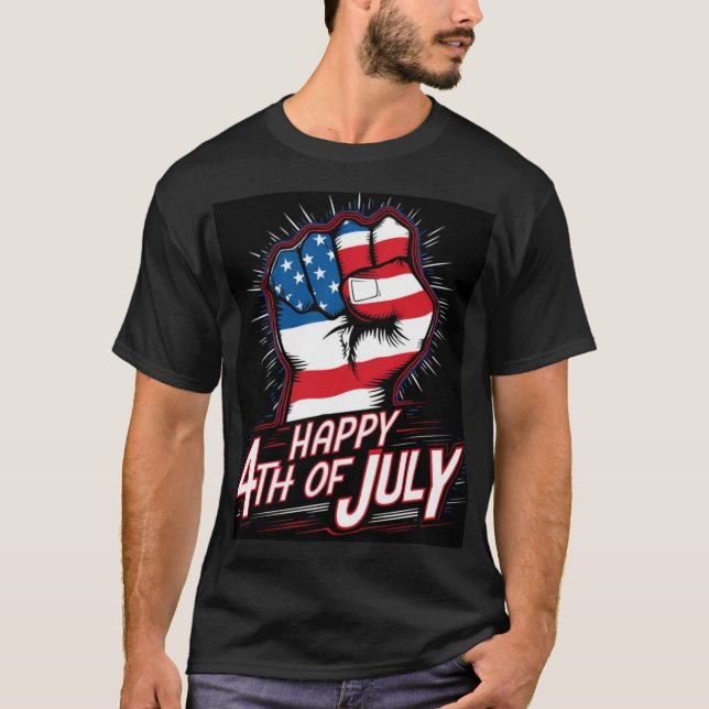 Camiseta Feliz 4 De Julio, Puño Atrapado Patriótico Negro (Anverso)
