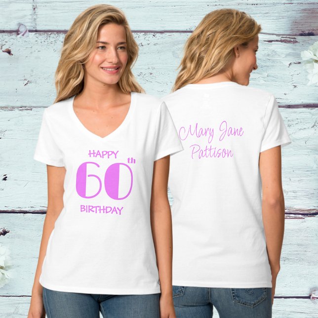 Camiseta Feliz 60 aniversario de Hot Pink Name White (Front And Back)