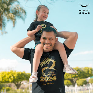 Camiseta Feliz Año Nuevo 2024 Dragón chino dorado negro