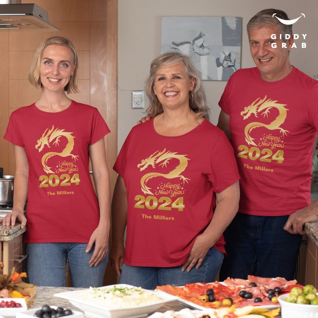 Camiseta Feliz Año Nuevo 2024 Dragón chino dorado rojo (Subido por el creador)