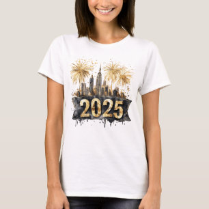 Camiseta Feliz Año Nuevo 2025 Black and Gold, fuegos artifi