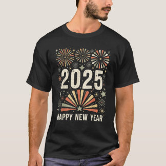 Camiseta Feliz Año Nuevo 2025, retro de fuegos artificiales