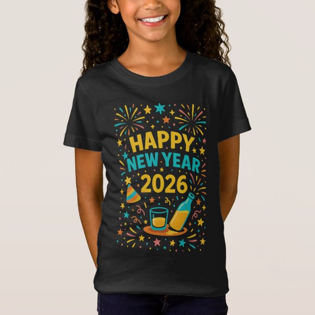 Camiseta Feliz Año Nuevo 2026 divertidos y coloridos fuegos (Anverso)