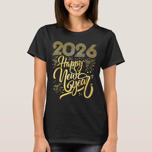 Camiseta Feliz Año Nuevo 2026, fuegos artificiales (Anverso)
