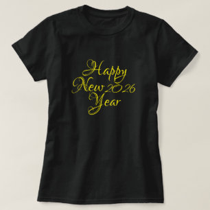 Camiseta Feliz Año Nuevo 2026 Guión negro y amarillo