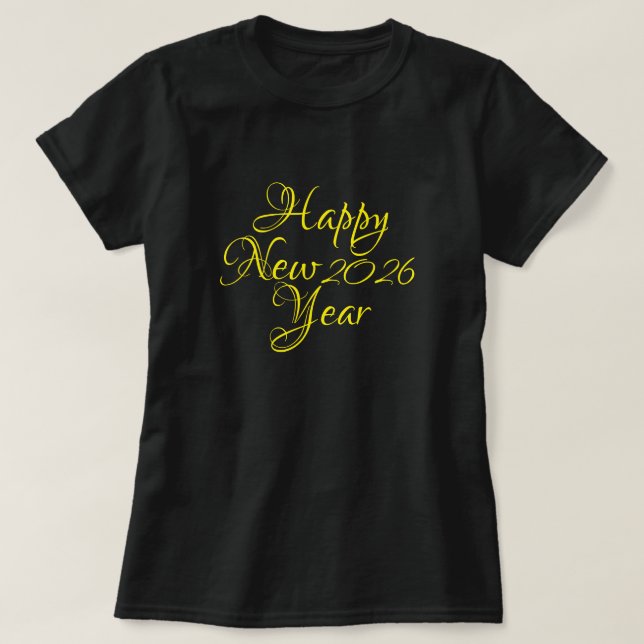 Camiseta Feliz Año Nuevo 2026 Guión negro y amarillo (Diseño del anverso)