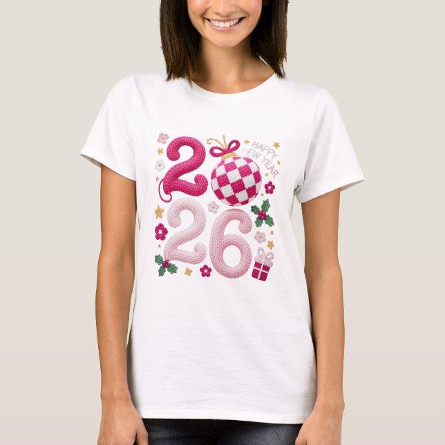Camiseta Feliz Año Nuevo 2026, Hilo de Ganchillo (Anverso)