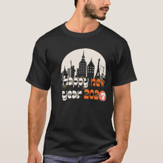 Camiseta Feliz Año Nuevo 2027 Gif Retro de Siluetas de Ciud