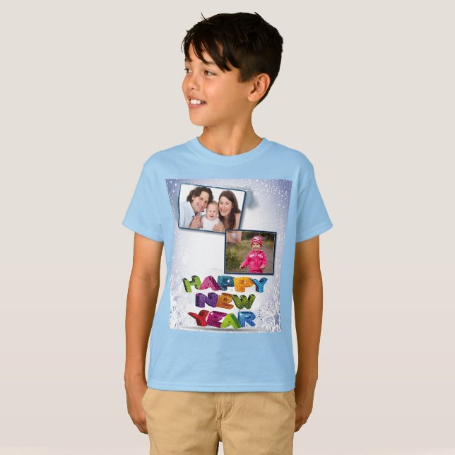 Camiseta Feliz Año Nuevo agrega tus fotos a los niños (Anverso completo)