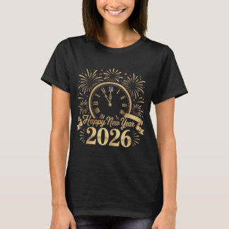 Camiseta Feliz Año Nuevo Cinta Dorada Estrellas Festivas de