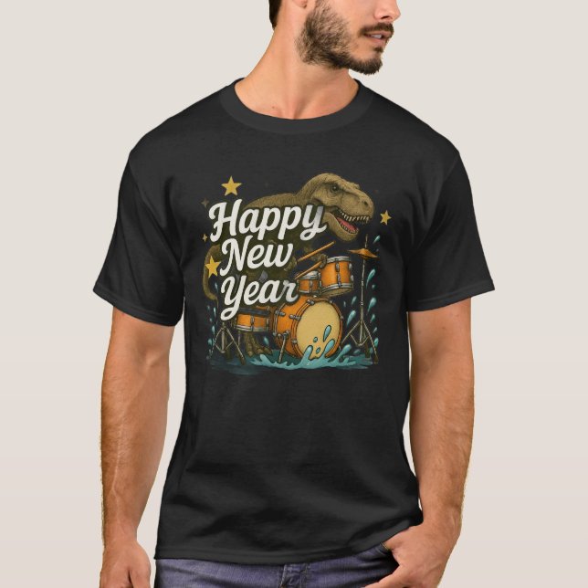 Camiseta Feliz Año Nuevo Dinosaurios tocando tambores (Anverso)