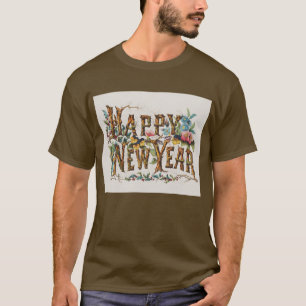 Camiseta Feliz Año Nuevo en Troncos de Árbol, Bellotas y Fl