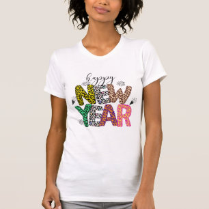 Camiseta Feliz Año Nuevo Estampado Leopardo Multic