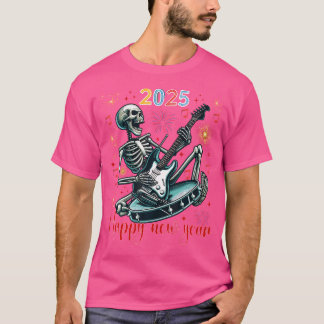 Camiseta Feliz Año Nuevo Gracioso Skeleton Tocando Guitarra