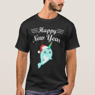Camiseta Feliz Año Nuevo lindo Narwhal Santa Hat Funny Paja