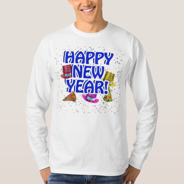 Camiseta Feliz Año Nuevo - Texto azul con Gorras Fiestas (Anverso)