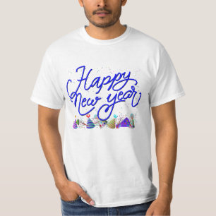 Camiseta Feliz Año Nuevo - Texto Azul Divertido Con Confeti