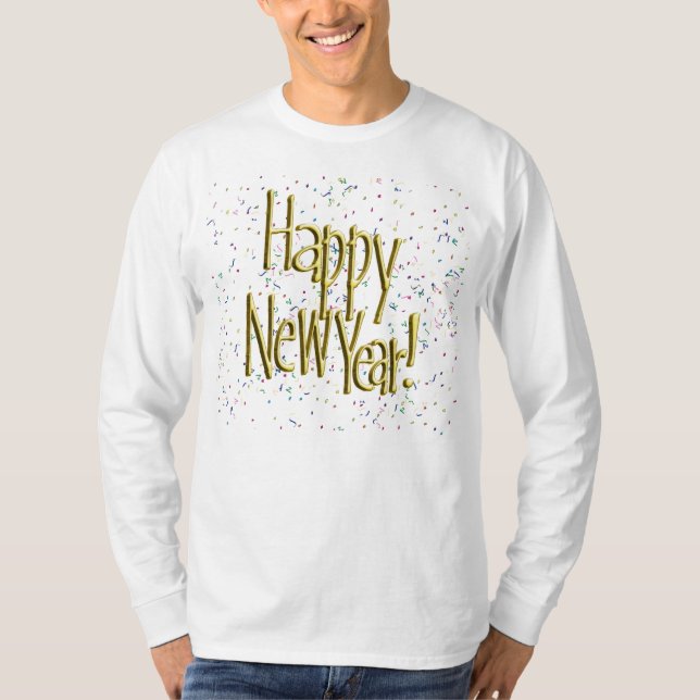 Camiseta Feliz Año Nuevo - Texto de oro sobre el Confetti (Anverso)