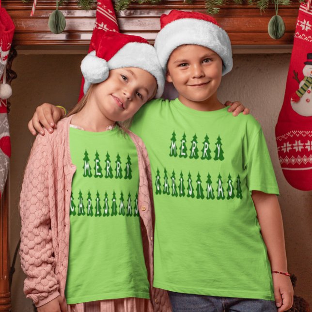 Camiseta Feliz Árbol de Navidad Chicas y niños (Merry Christmas Tree Font Girls and Boys T-Shirt)