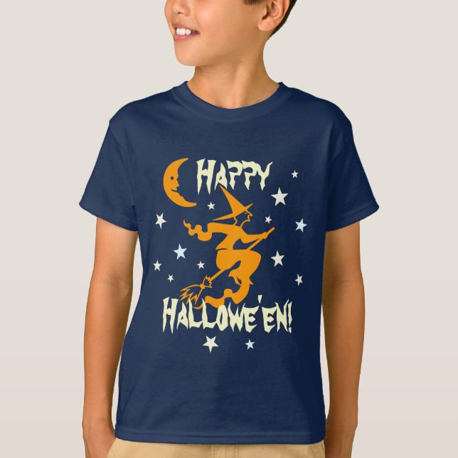 Camiseta Feliz Bruja de Halloween en la luna Naranja de las (Anverso)