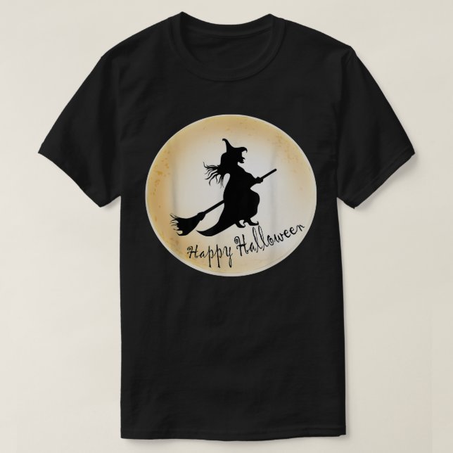 Camiseta Feliz Bruja De Halloween Volando En Un Costu De Br (Diseño del anverso)
