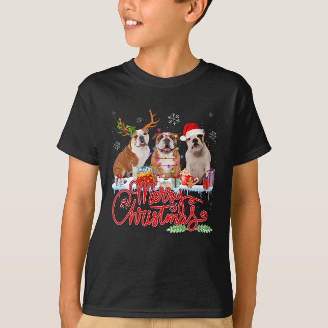 Camiseta Feliz Bulldog navideño con luz de reno (Anverso)