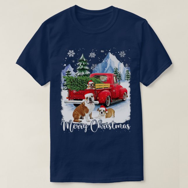 Camiseta Feliz Bulldog navideño Gorra Lover Santa Red Truck (Diseño del anverso)