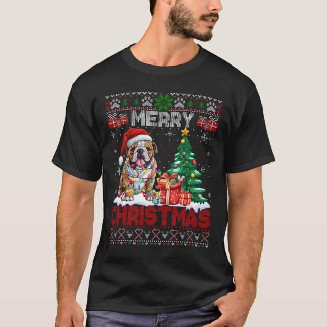 Camiseta Feliz Bulldog navideño Perro Amantes Familia Feo X (Anverso)