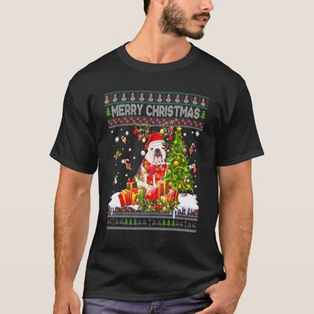 Camiseta Feliz Bulldog navideño Santa Xmas Tree Lights Ugl (Anverso)