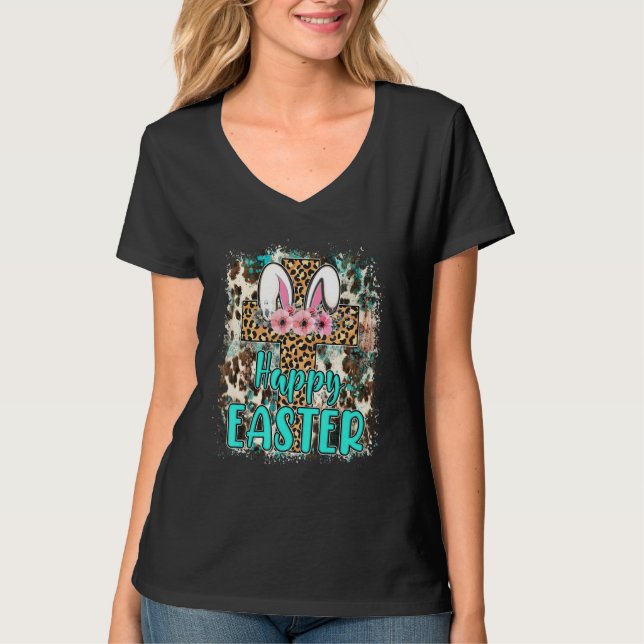 Camiseta Feliz Bunny Easter Leopard Cross con flores 1 (Anverso)