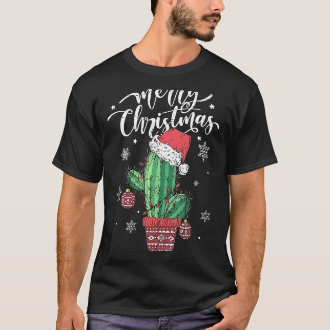 Camiseta Feliz Cactus De Navidad Con Santa Hat Light Funny (Anverso)