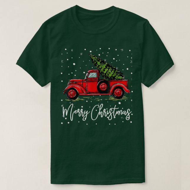 Camiseta Feliz Camión navideño Rojo Con Árbol De Navidad Pa (Diseño del anverso)