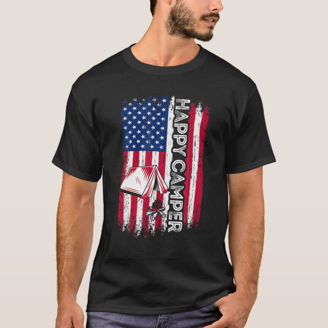 Camiseta Feliz Camper Bandera Americana Camping Senderismo  (Anverso)