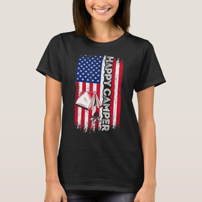 Camiseta Feliz Camper Bandera Americana Camping Senderismo  (Anverso)