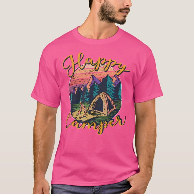 Camiseta Feliz Camper Tent Sunset Mountains Campfire Campin (Anverso)