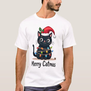 Camiseta Feliz Catmas Gato Negro Luz de Navidad Xmas Famili