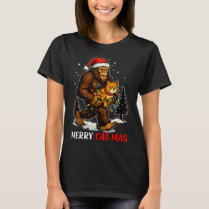Camiseta Feliz Catnavidad Bigfoot Y Luces Gorro De Santa Di