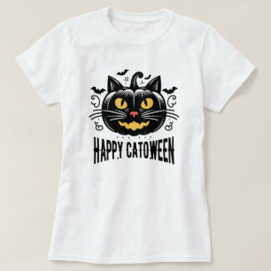 Camiseta Feliz Catoween Gato Negro Cara de Calabaza de Hall