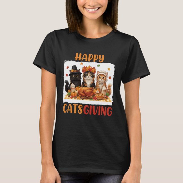Camiseta Feliz Catsgiving Disfraz de Gato Peregrino Otoño H (Anverso)