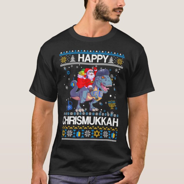 Camiseta Feliz Christmukkah Santa Riding Dinasour Happy (Anverso)
