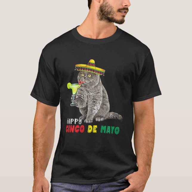 Camiseta Feliz Cinco De Mayo Gato Bebiendo Margarita Flaman (Anverso)
