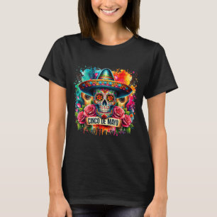 Camiseta Feliz cinco de mayo mexicano sombrero cráneo guita